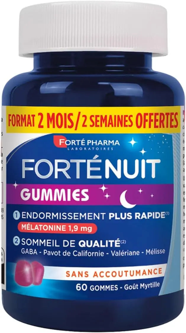 Comprimés Forté Pharma - FortéNuit Gummies - Gummies Sommeil - 1,9 mg de Mélatonine et Plantes - Goût Myrtille - Complément Alimentaire Sommeil – 3700221300978 Forte Pharma