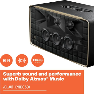 Bluetooth Speaker JBL Authentics 500 Enceinte Intelligente connectée Portable avec WiFi, Bluetooth et Assistants vocaux, Design rétro, JBL