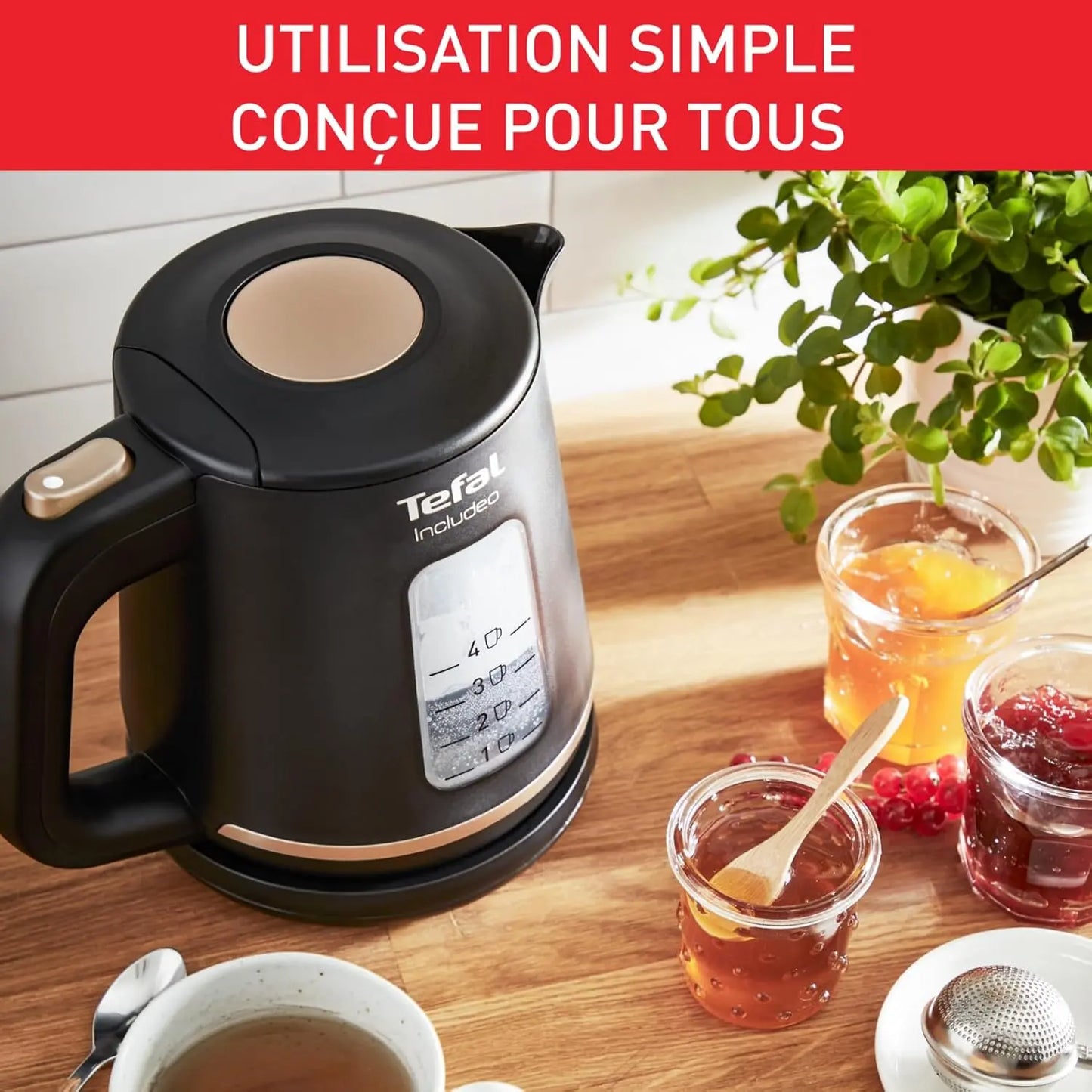 poele Tefal Includeo Bouilloire électrique 1 L, Poignée ergonomique, 2 fenêtres niveau d’eau, Graduations visibles TECIN HOLDING