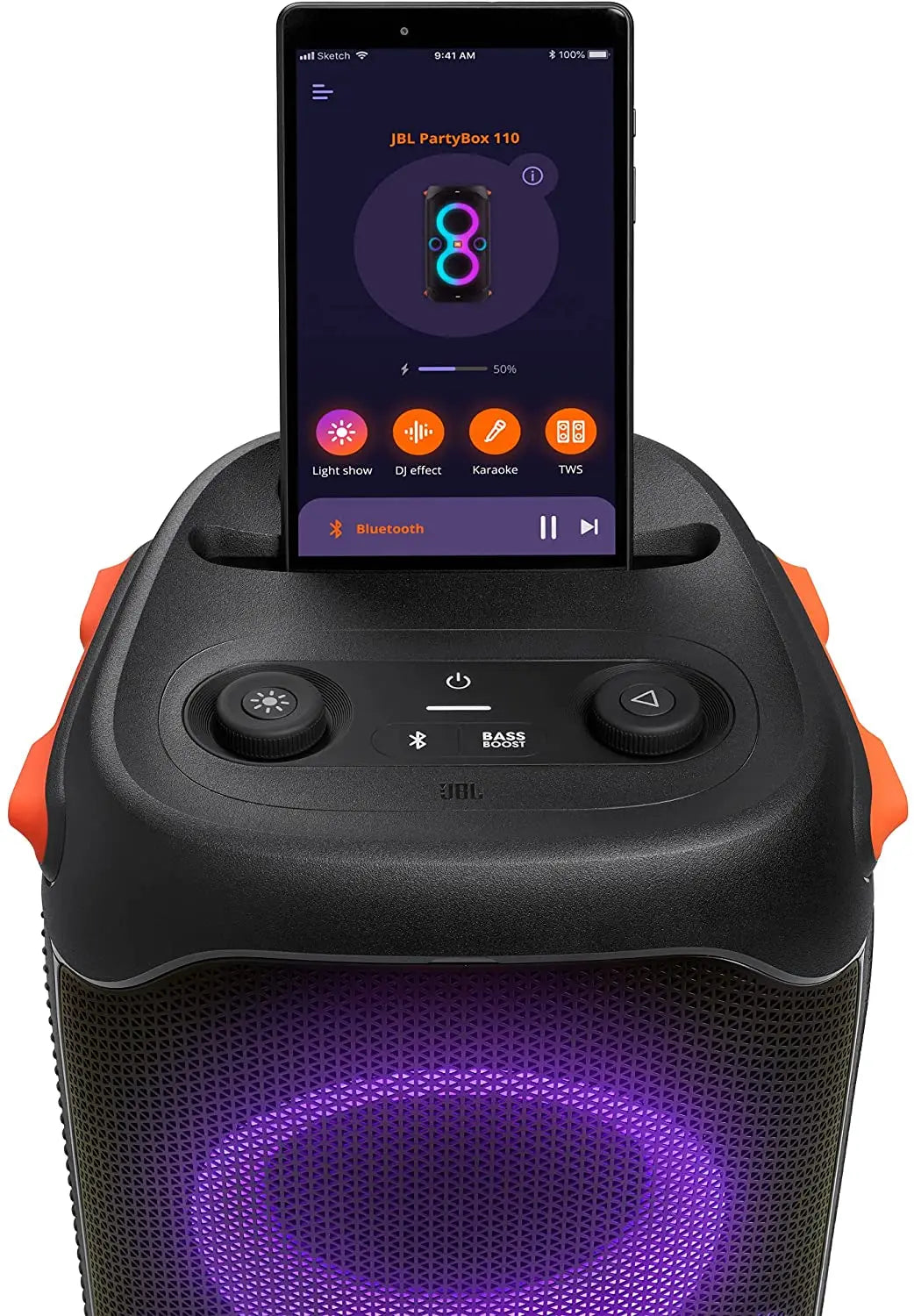 JBL PartyBox 110, haut-parleur portable Bluetooth, lumières intégrées, étanche, IPX4 résiste aux éclaboussures, basses profondes, 12h de lecture, JBL True JBL