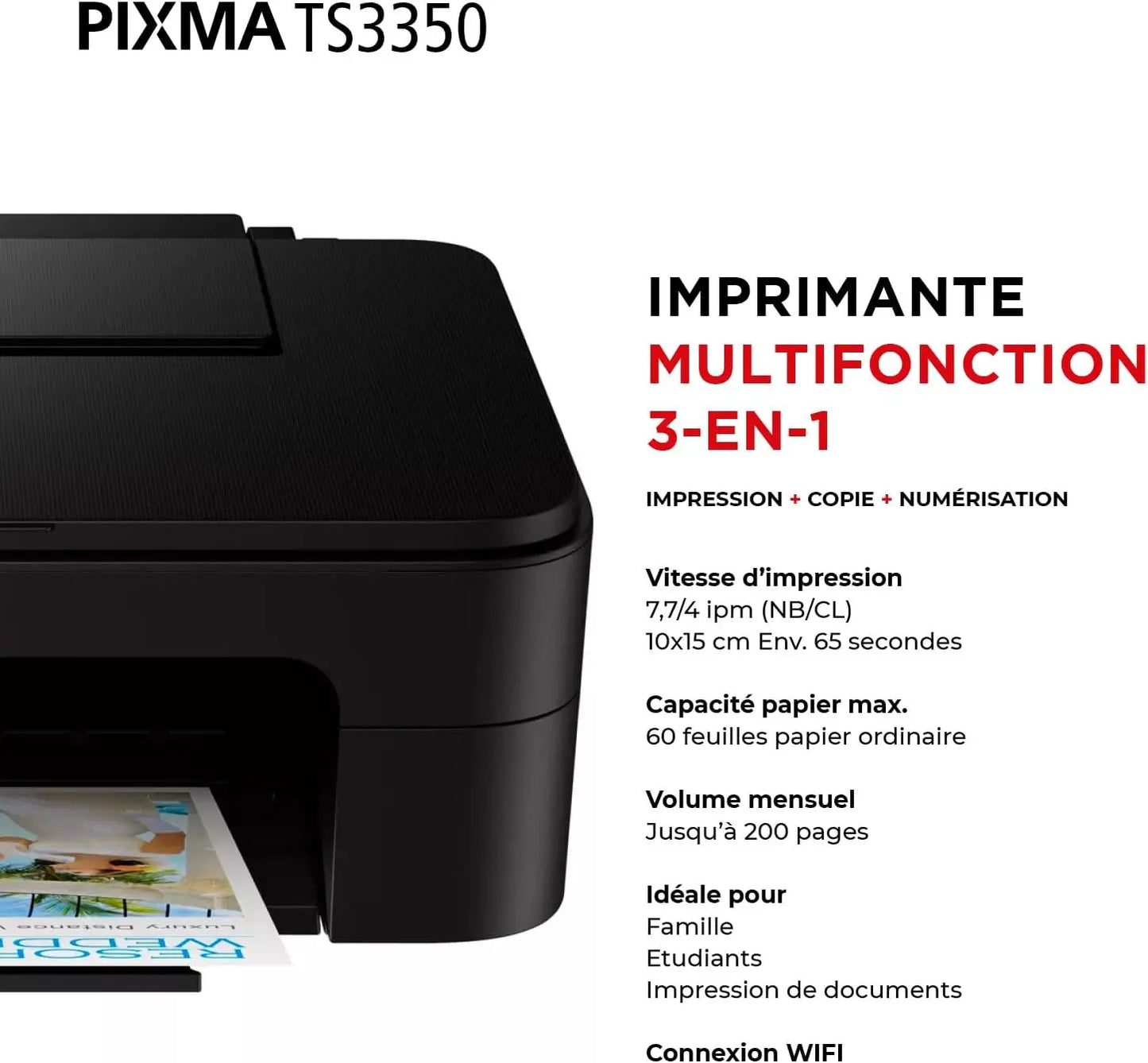 Canon Printer Canon PIXMA TS3350 imprimante A4 WiFi Jet d'encre Multifonction (imprimante, Scan, Copie), Noir Canon