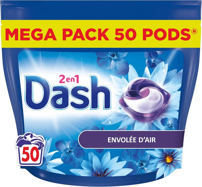 Skip detergent Dash 2-en-1 PODS Lessive Capsules, 50 Lavages, Envolée D’Air, Ultra Nettoyant Et Fraîcheur Longue Durée, Élimine Les Saletés et Taches Incrustées, DASH