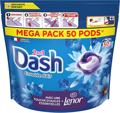 Skip detergent Dash 2-en-1 PODS Lessive Capsules, 50 Lavages, Envolée D’Air, Ultra Nettoyant Et Fraîcheur Longue Durée, Élimine Les Saletés et Taches Incrustées, DASH