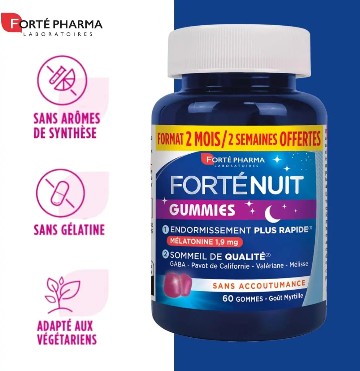Comprimés Forté Pharma - FortéNuit Gummies - Gummies Sommeil - 1,9 mg de Mélatonine et Plantes - Goût Myrtille - Complément Alimentaire Sommeil – 3700221300978 Forte Pharma