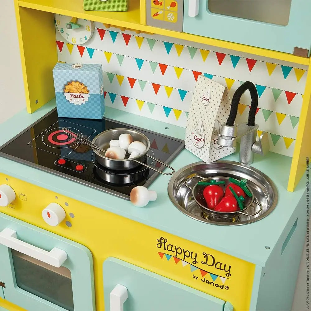 jouet Janod - Grande Cuisine Enfant en Bois Happy Day - Équipée avec Frigo et Four Micro Ondes, Bruitage et Lumière - Imitation et Eveil - 7 Accessoires Inclus - Dès 3 ans, J06564, Bleu et Jaune JANOD