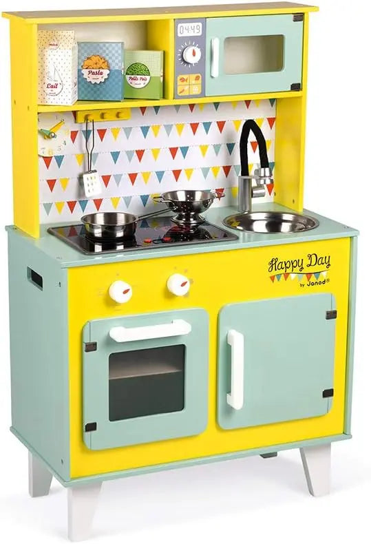 jouet Janod - Grande Cuisine Enfant en Bois Happy Day - Équipée avec Frigo et Four Micro Ondes, Bruitage et Lumière - Imitation et Eveil - 7 Accessoires Inclus - Dès 3 ans, J06564, Bleu et Jaune JANOD