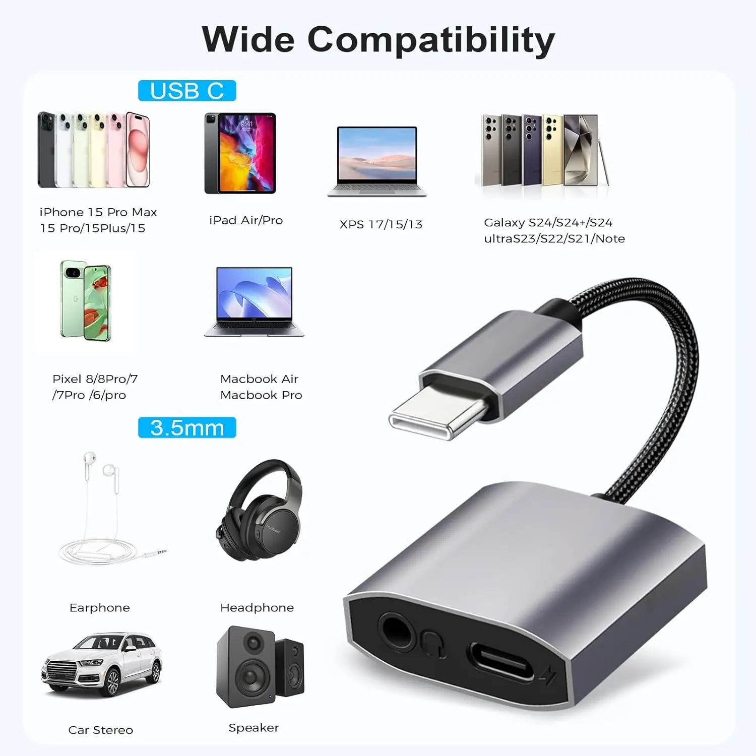 audio and charging cable Juce® 2 en 1 Adaptateur USB C Jack Supporte Audio et Recharge AUCUNE