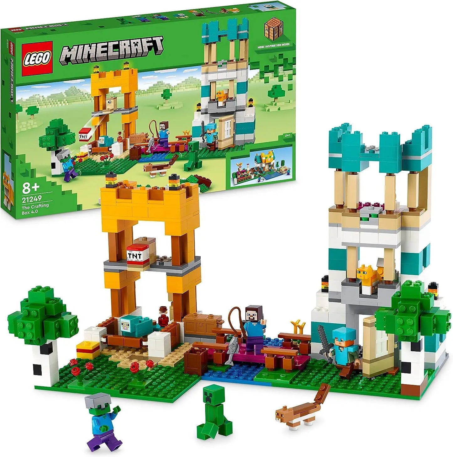 lego LEGO 21249 Minecraft La Boîte de Construction 4.0, Set 2en1 Construisez des Tours de Rivière ou Une Cabane de Chat, avec Les Figurines Alex, Steve, Creeper et Zombie Mobs, Jouets pour Enfants 5702017415840 lego