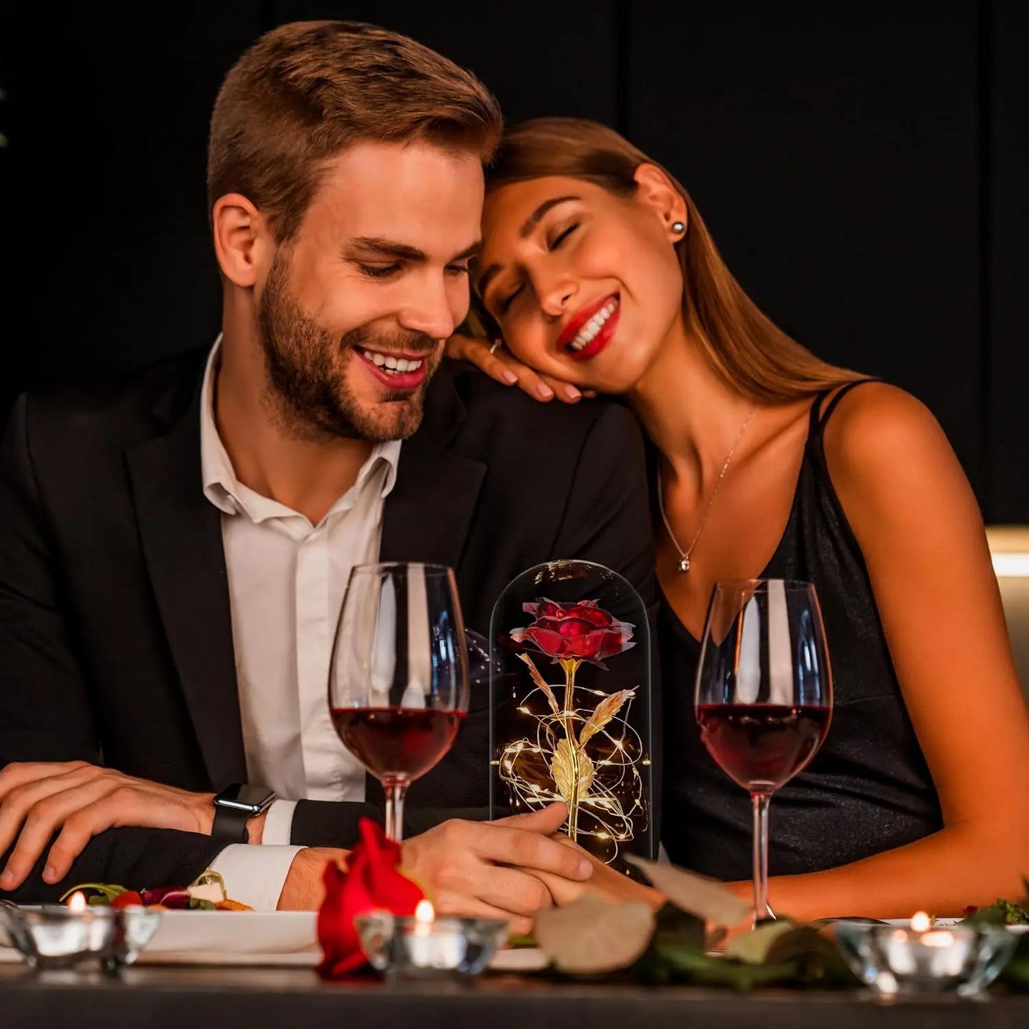 led Relaxdays Rose éternelle, Artificielle, sous Cloche, lumière LED, Saint-Valentin, fête des Mères, Noël, Rouge et doré Relaxday