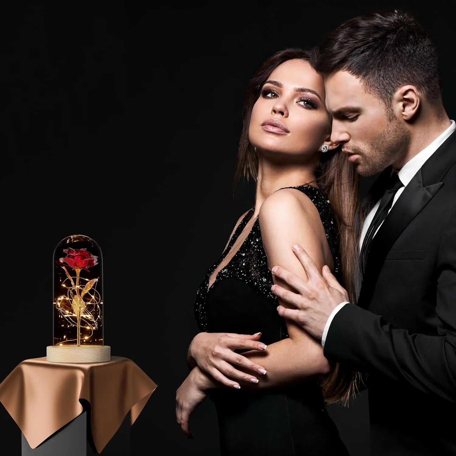 led Relaxdays Rose éternelle, Artificielle, sous Cloche, lumière LED, Saint-Valentin, fête des Mères, Noël, Rouge et doré Relaxday