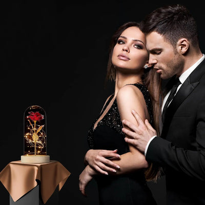 led Relaxdays Rose éternelle, Artificielle, sous Cloche, lumière LED, Saint-Valentin, fête des Mères, Noël, Rouge et doré Relaxday