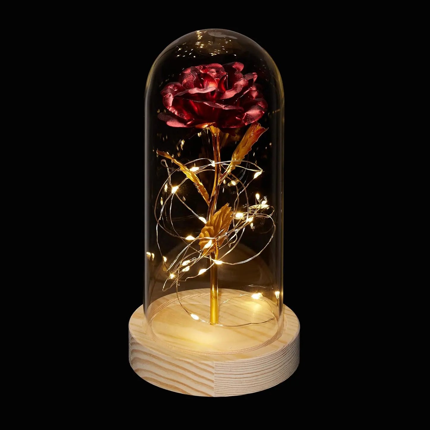 led Relaxdays Rose éternelle, Artificielle, sous Cloche, lumière LED, Saint-Valentin, fête des Mères, Noël, Rouge et doré Relaxday