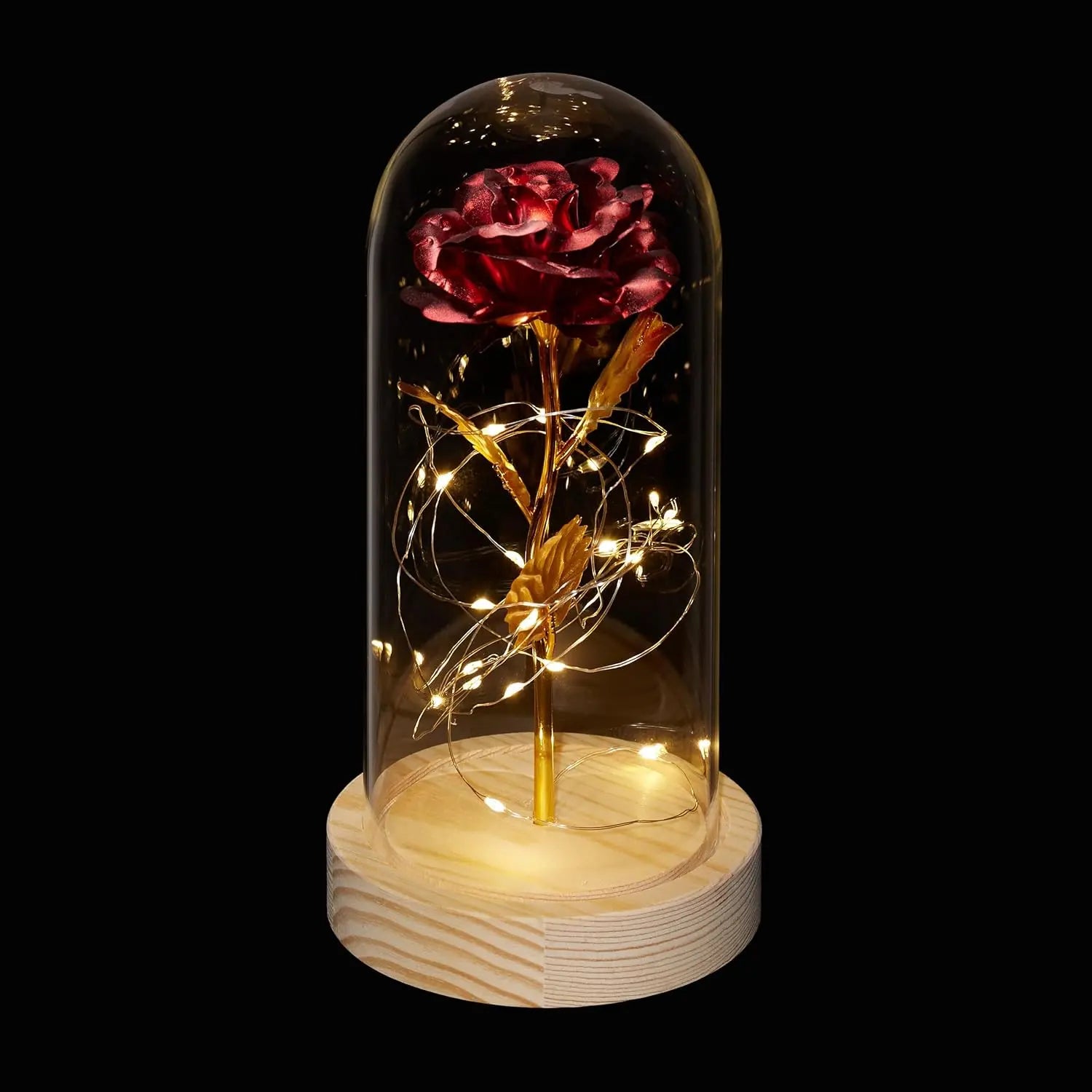 led Relaxdays Rose éternelle, Artificielle, sous Cloche, lumière LED, Saint-Valentin, fête des Mères, Noël, Rouge et doré Relaxday