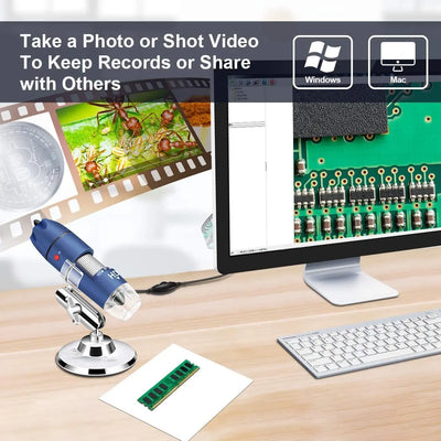 Cainda Microscope numérique HD 2560x1440P 2K USB pour Android Windows 7 8 10 11 Linux Mac, 40X à 1000X Caméra Microscope avec Support et étui de Transport Cainda