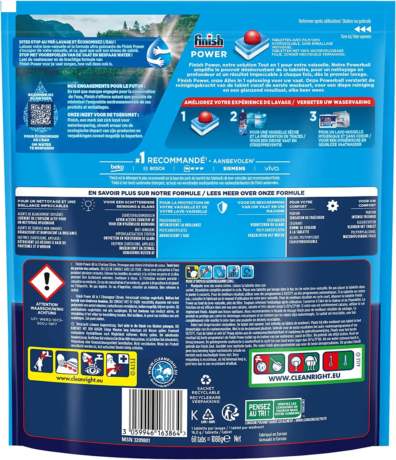 Finish Pastilles Lave-Vaisselle Powerball All in One Max Citron - 68 Tablettes Lave-Vaisselle Finish