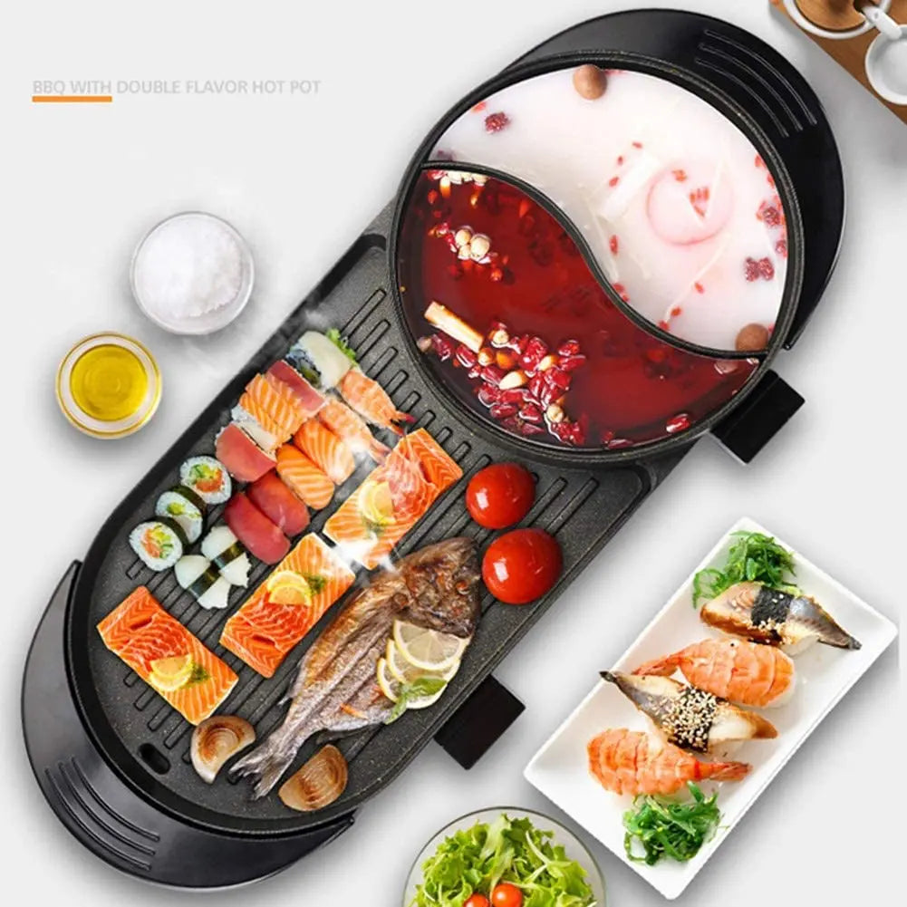 Gril Hot Pot électrique portable,grill teppanyaki avec hot pot,barbecue sans fumée double température,Plaque chauffante électrique antiadhésive,Poêle à frire domestiquepour 1-12 personnes Hasbro