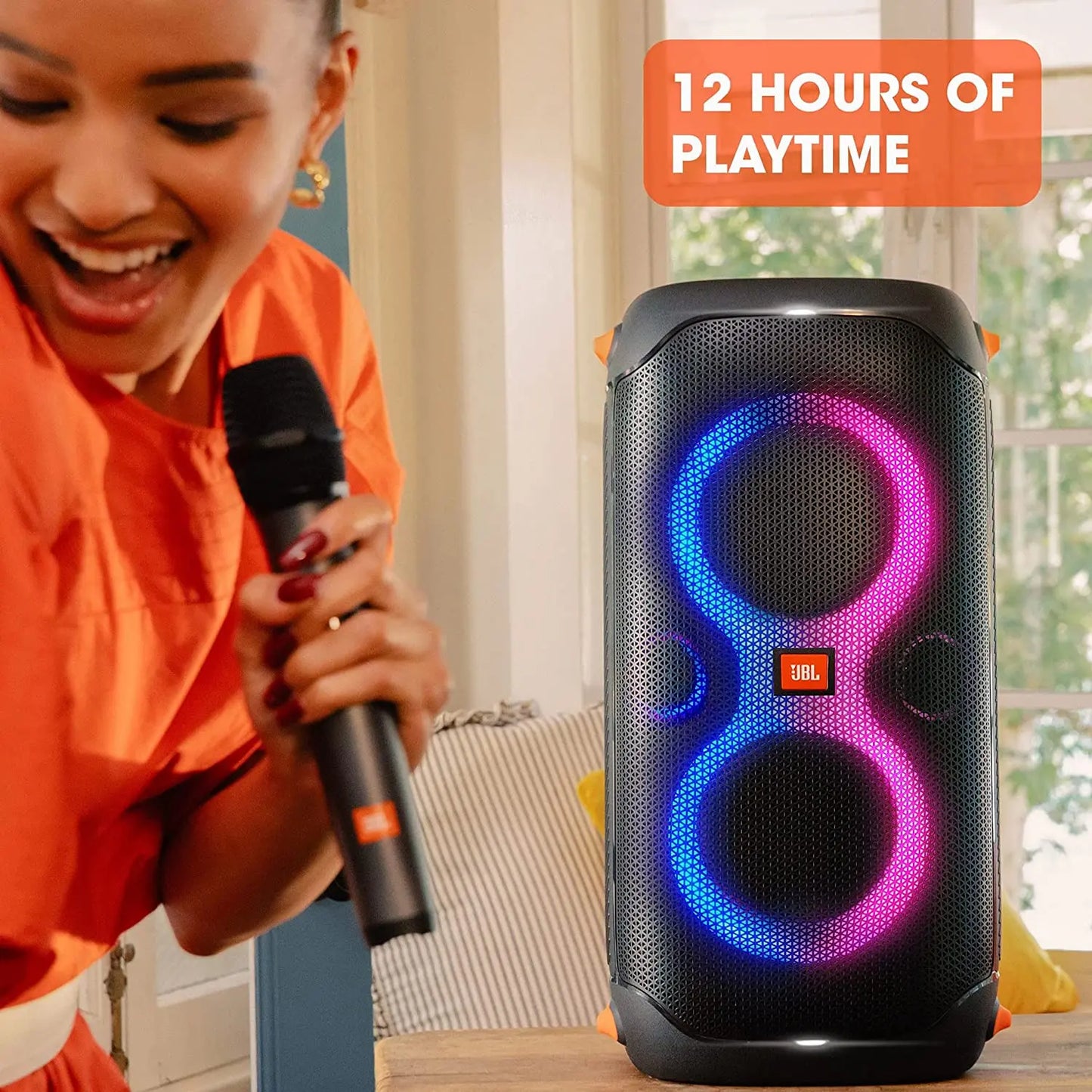 JBL PartyBox 110, haut-parleur portable Bluetooth, lumières intégrées, étanche, IPX4 résiste aux éclaboussures, basses profondes, 12h de lecture, JBL True JBL